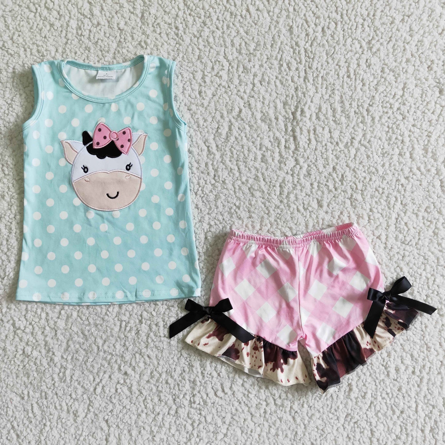 Girls Embroidery Cow Outfits Sleeveless Pink Shorts