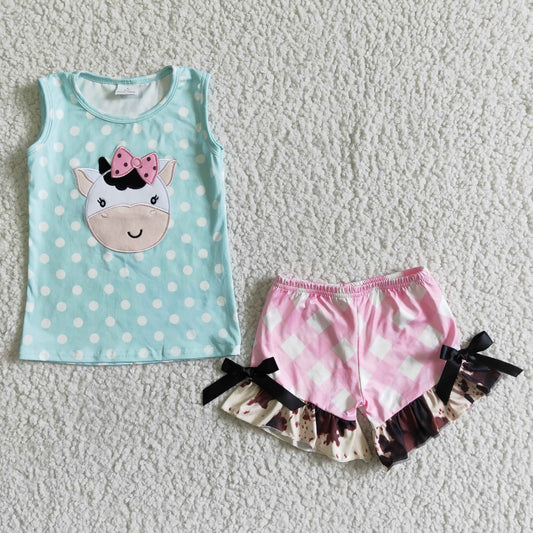 Girls Embroidery Cow Outfits Sleeveless Pink Shorts