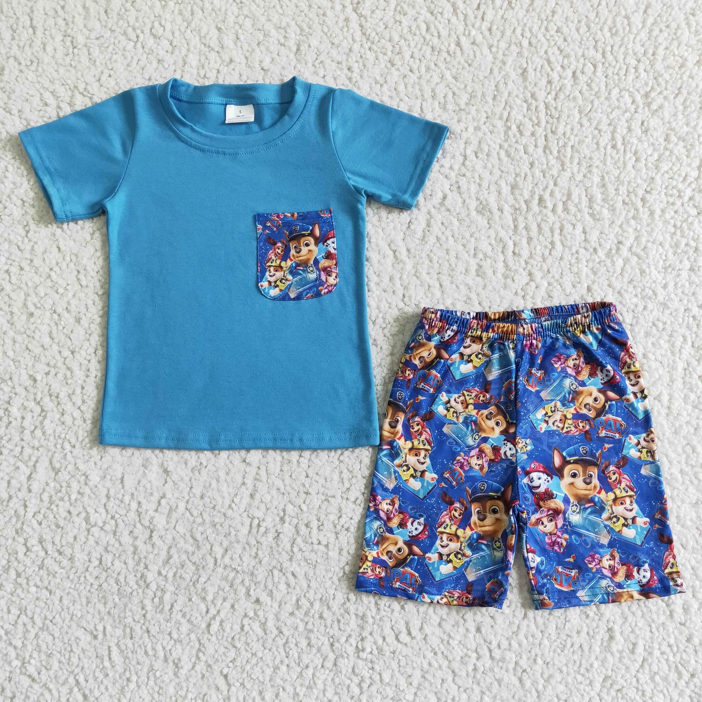 Boys Cartoon Outfits Short Sleeves Blue Shorts