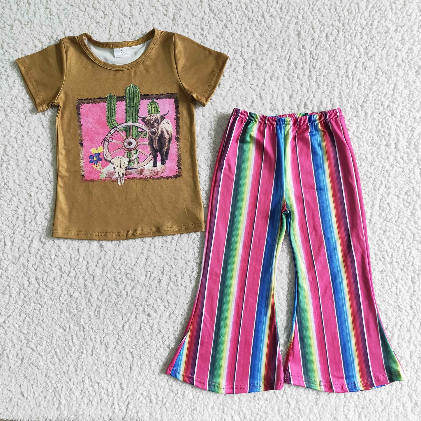 Girls Cactus Cow Outfits Short Sleeves Stripe Pants