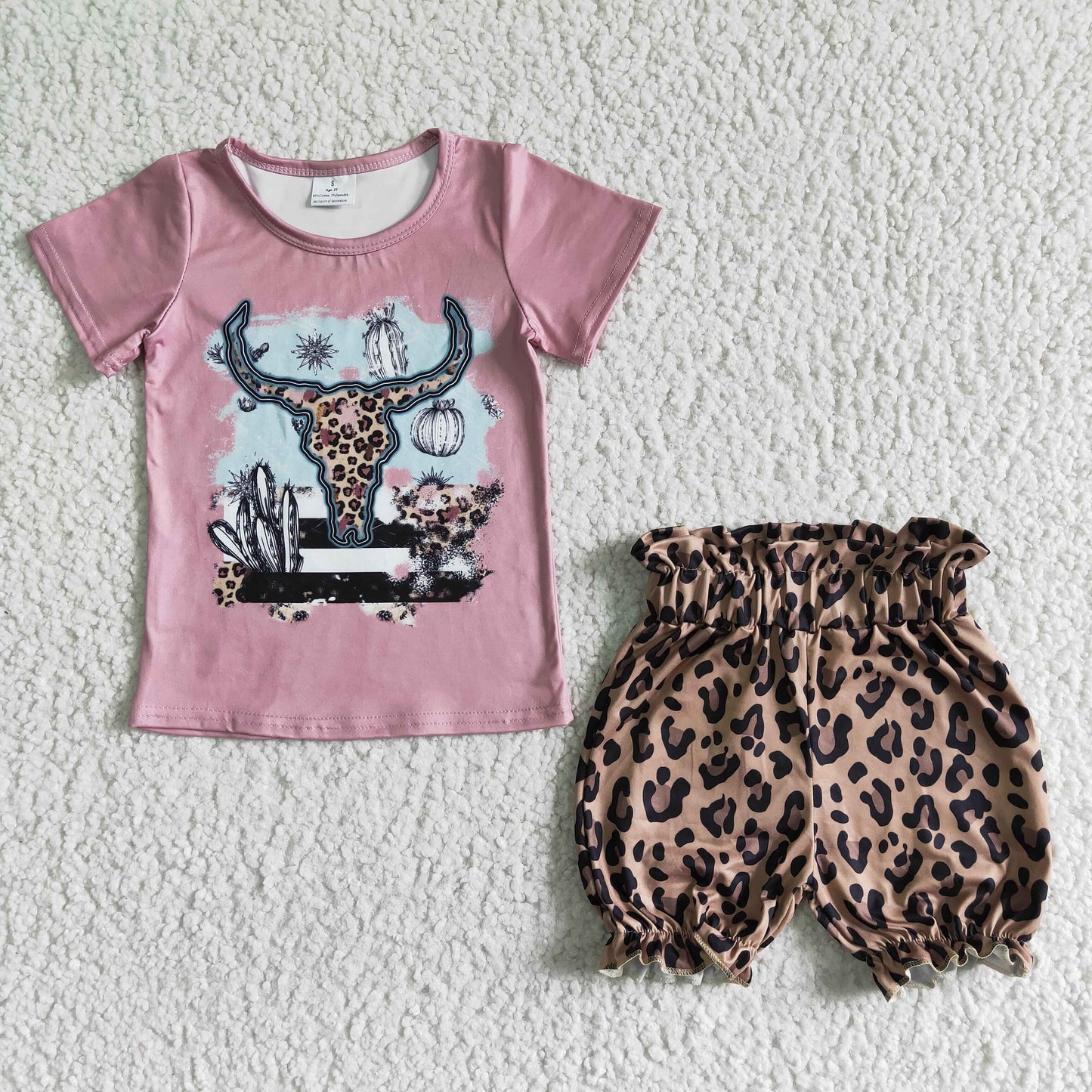 Girls Cow Outfits Short Sleeves Leopard Shorts