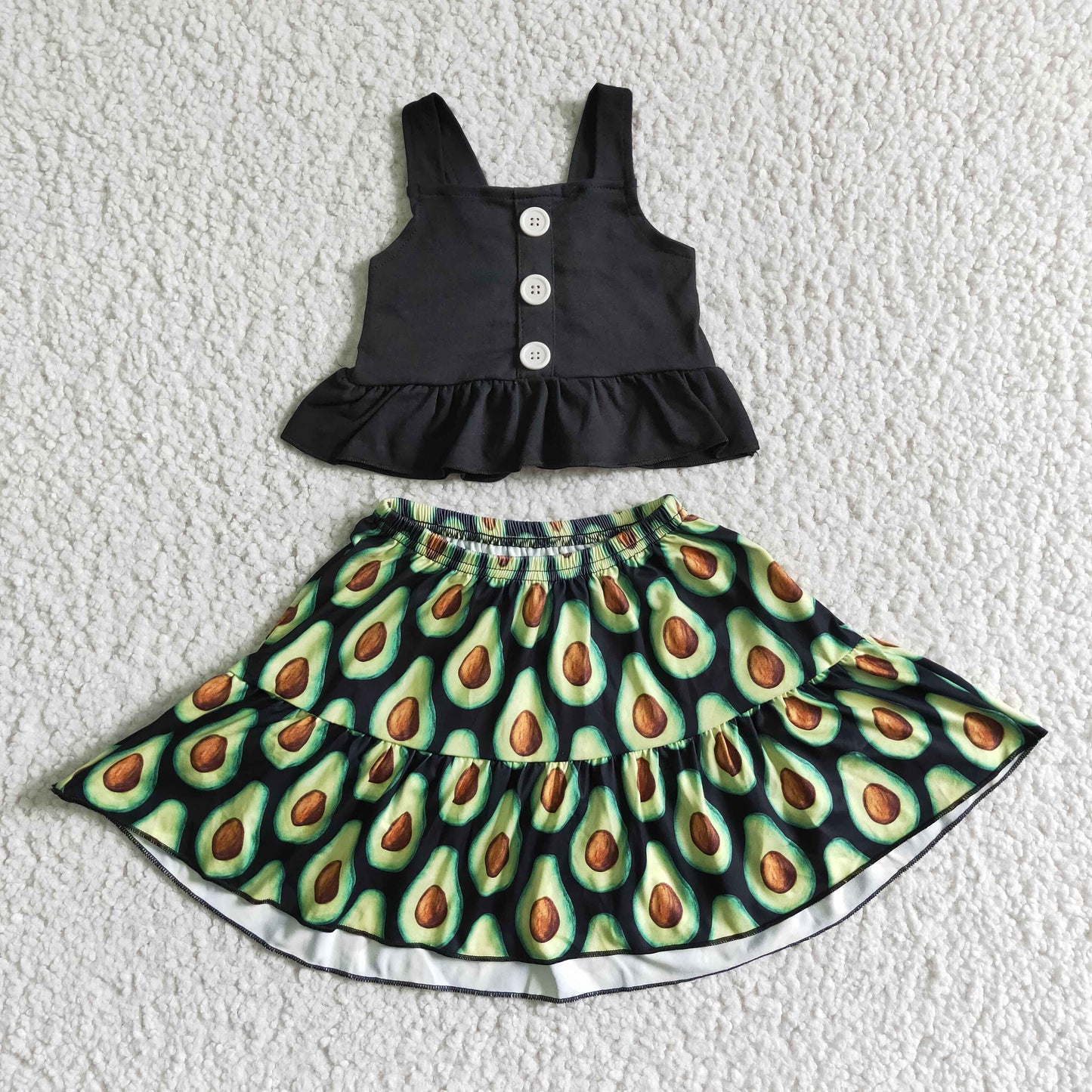 Girls Black Outfits Short Sleeves Avocado Skirt