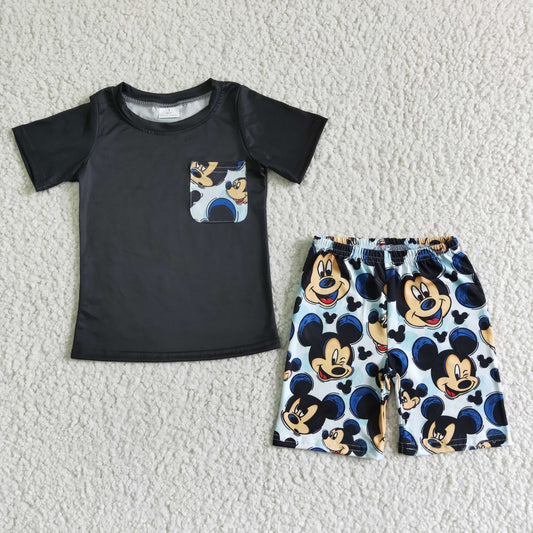 Boys Cartoon Outfits Short Sleeves Black Shorts