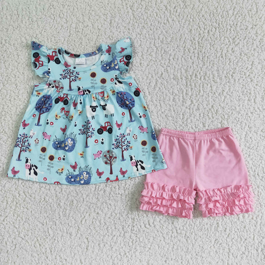 Girls Farm Outfits Short Sleeves Pink Shorts