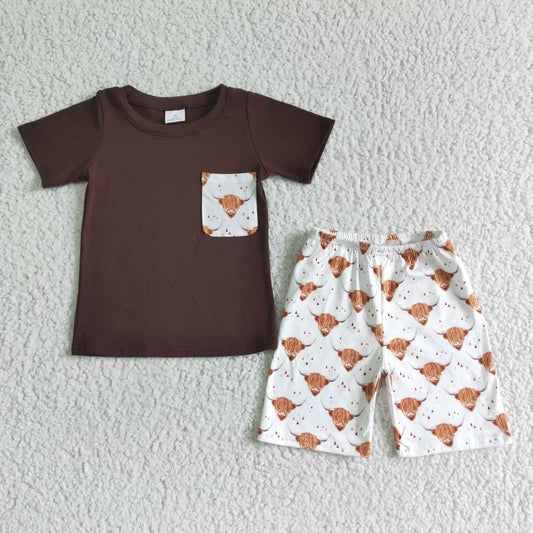 Boys Cow Outfits Short Sleeves Brown Shorts