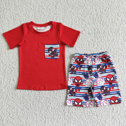 Boys Spider Outfits Short Sleeves Red Shorts