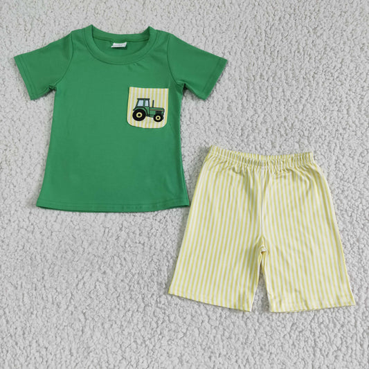 Boys Tractor Green Outfits Short Sleeves Yellow Shorts