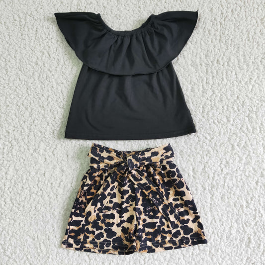 Girls Black Outfits Short Sleeves Leopard Shorts