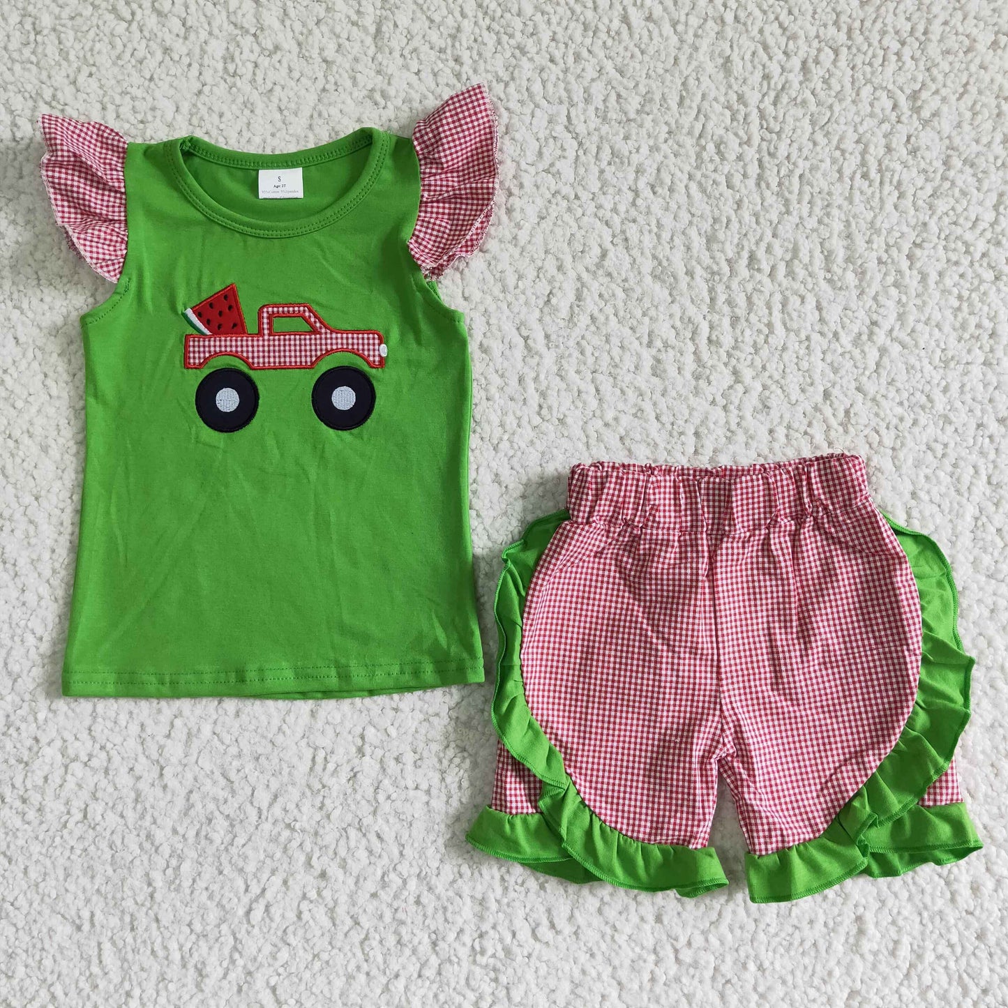 Girls Embroidery Truck Green Outfits Short Sleeves Red Shorts