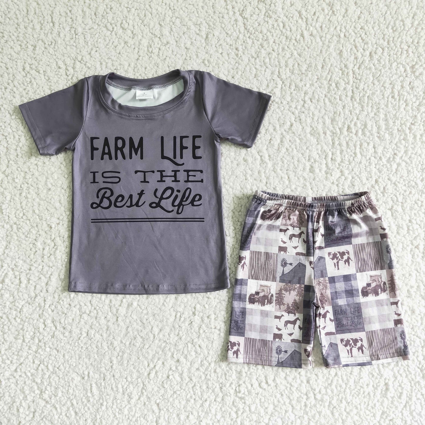 Boys Farm Life Outfits Short Sleeves Gray Shorts