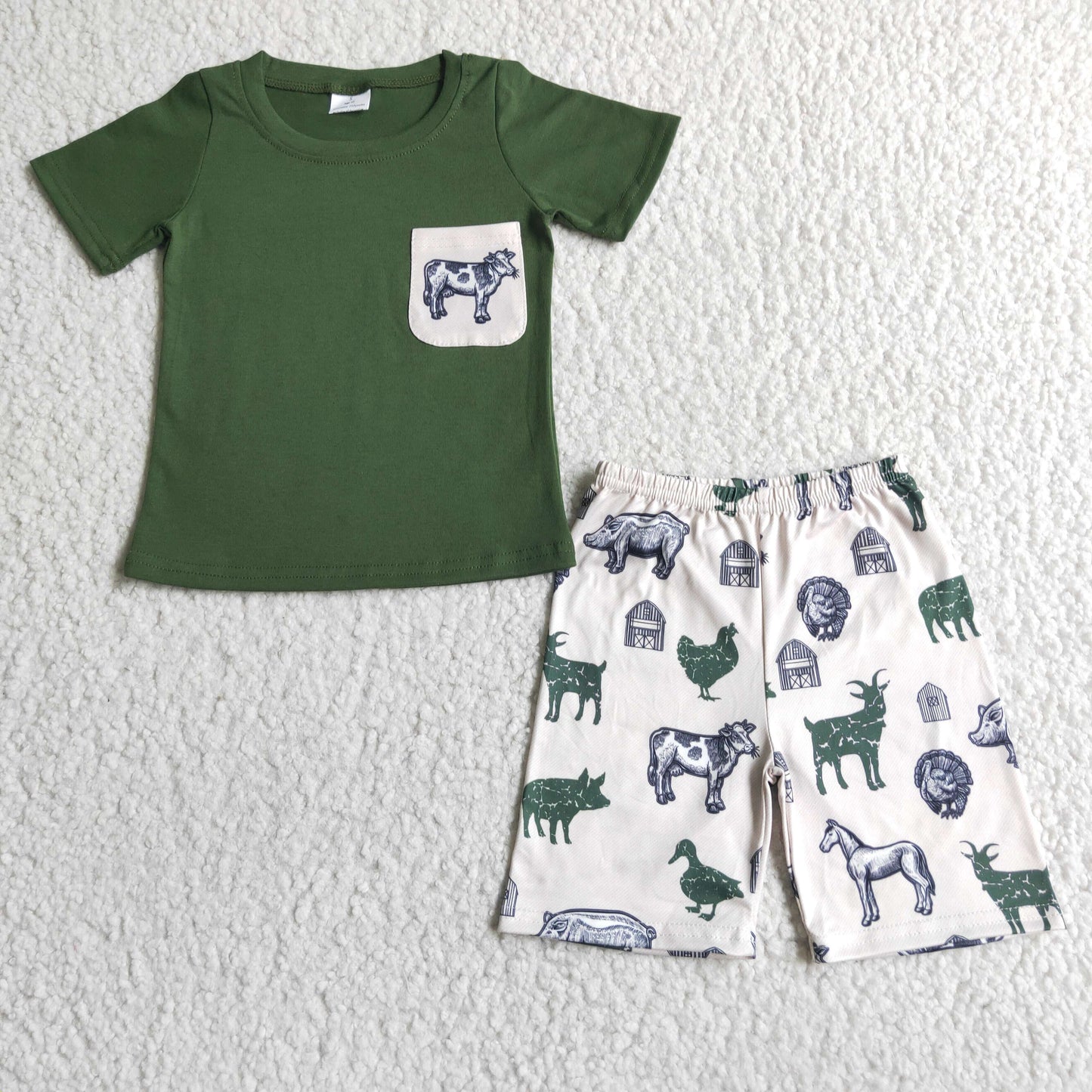 Boys Farm Outfits Short Sleeves Green Shorts