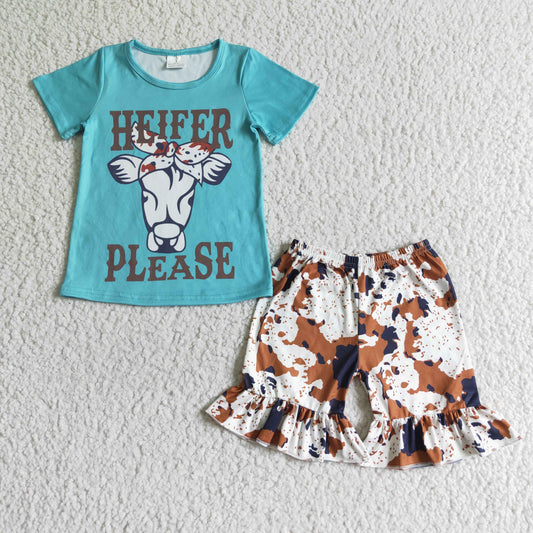 Girls Heifer Outfits Short Sleeves Brown Cow Shorts