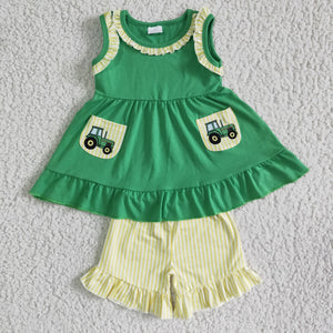 Girls Tractor Green Outfits Short Sleeves Yellow Shorts