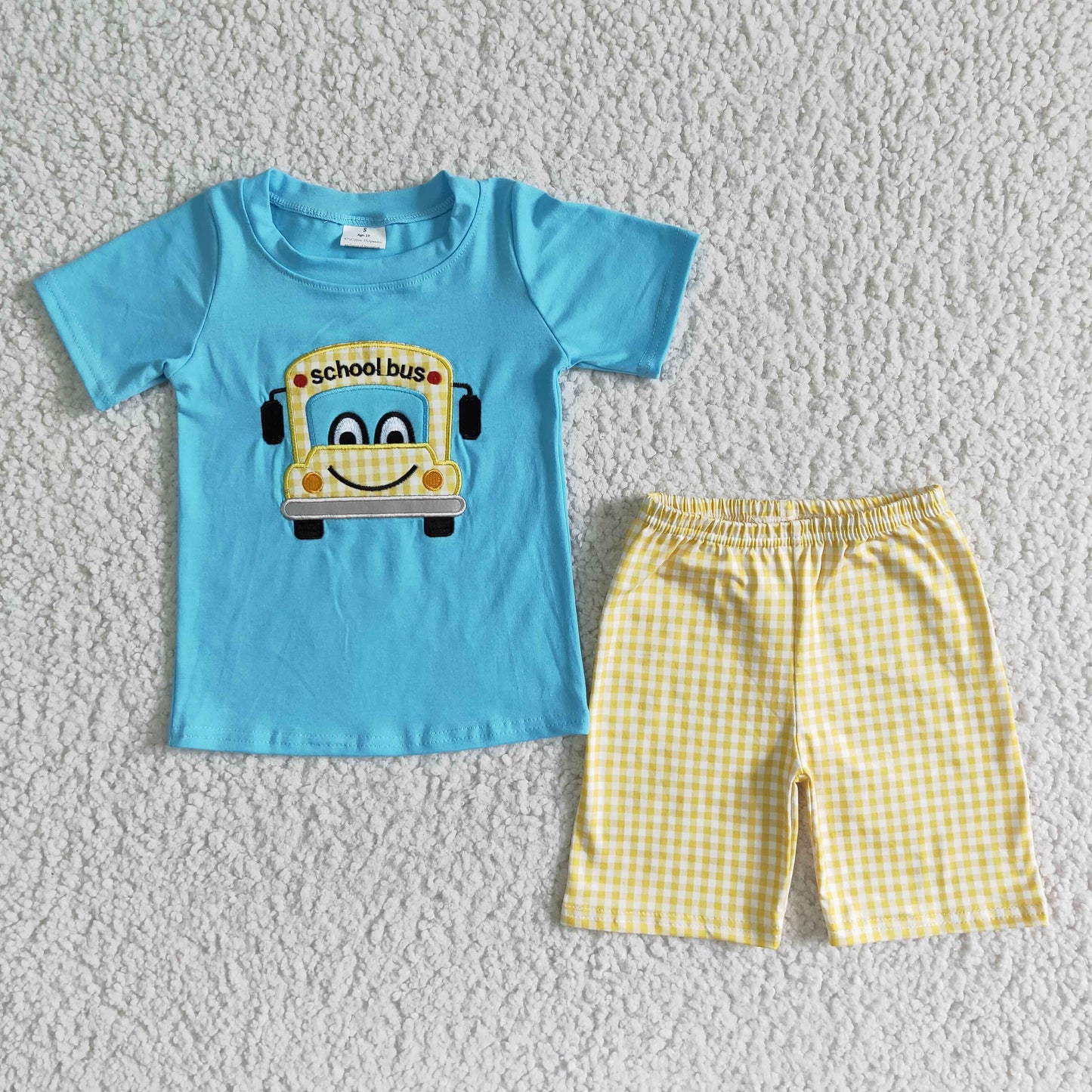 Boys Embroidery School Bus Outfits Short Sleeves Yellow Shorts