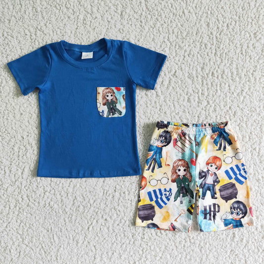 Boys Cartoon Outfits Short Sleeves blue Shorts