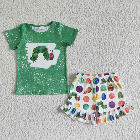 Girls Caterpillar Outfits Short Sleeves Green Shorts