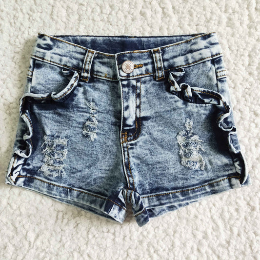 Girls Sky Blue Summer Denim Shorts With Ruffle