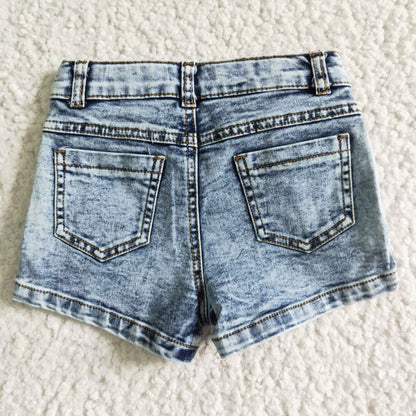 Girls Sky Blue Summer Denim Shorts With Ruffle