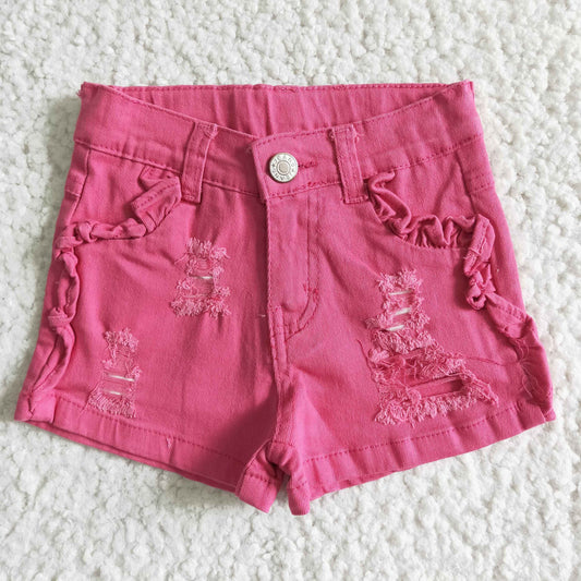 Girls Hot Pink Summer Denim Shorts With Ruffle