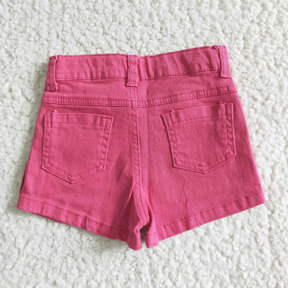 Girls Hot Pink Summer Denim Shorts With Ruffle