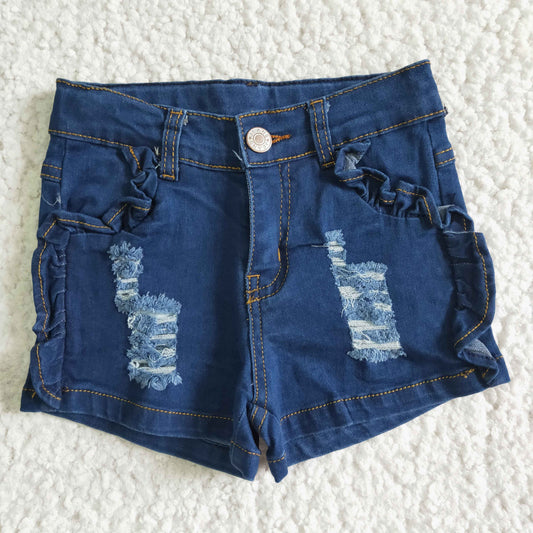 Girls Blue Summer Denim Shorts With Ruffle