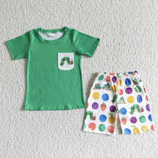 Boys Caterpillar Outfits Short Sleeves Green Shorts