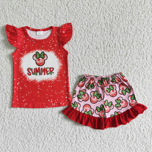 Girls Summer Outfits Short Sleeves Red Shorts