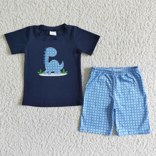 Boys Embroidery Dinosaur Outfits Short Sleeves Blue Plaid Shorts