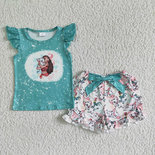 Girls Cartoon Outfits Short Sleeves Mint Shorts