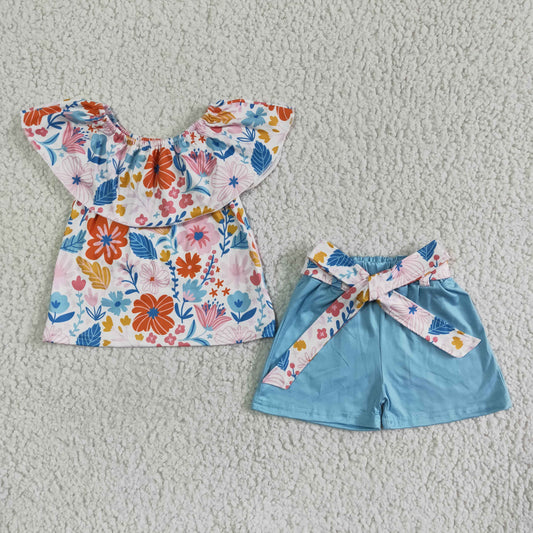 Girls Floral Outfits Short Sleeves Blue Shorts