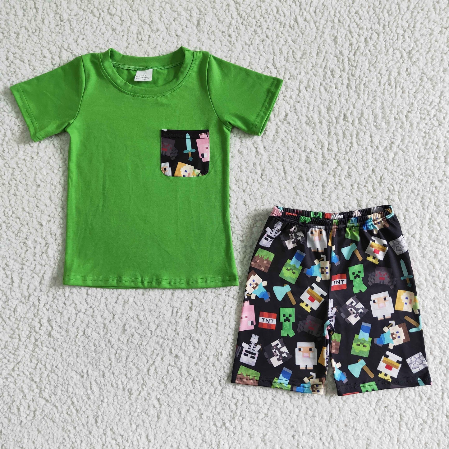 Boys Cartoon Outfits Short Sleeves Green Shorts