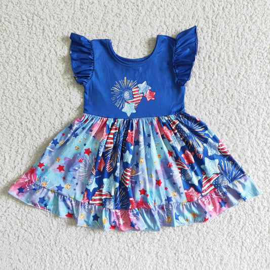 Girls Fireworks Blue Stars Dress Short Sleeves