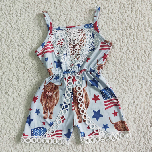 Girls July Fourth Cow Summer Jumpsuit