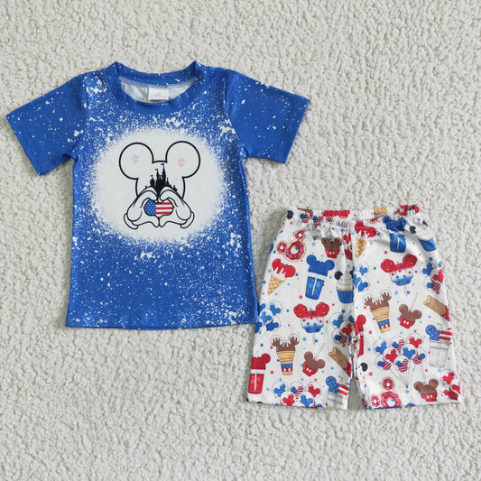 Boys Cartoon Blue Outfits Short Sleeves Snacks Shorts