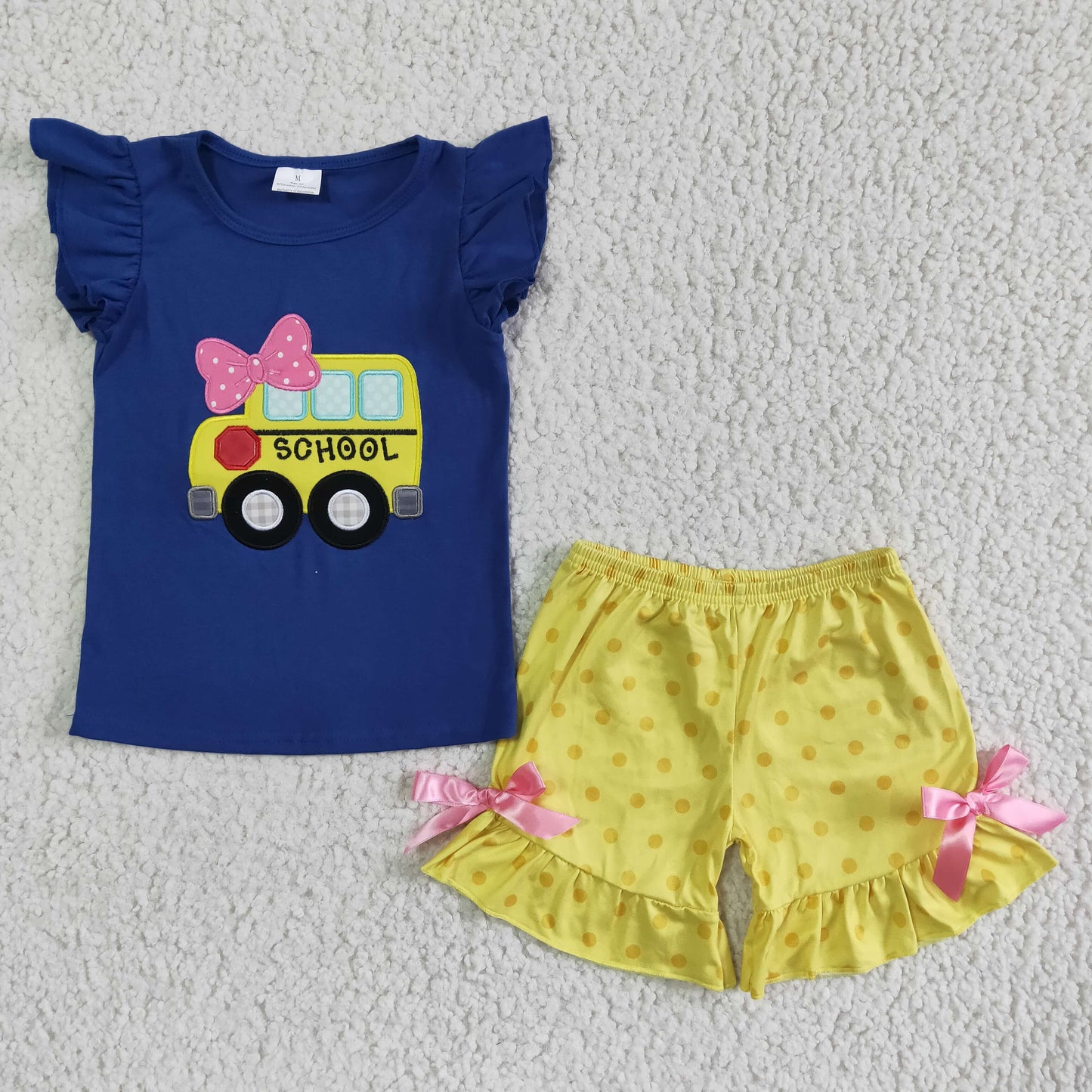 Girls Embroidery School Bus Outfits Flutter Sleeves Yellow Shorts