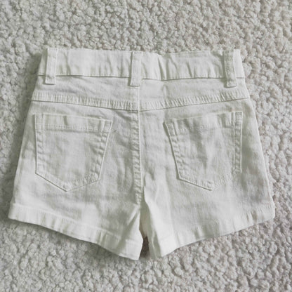 Girls White Summer Denim Shorts With Ruffle