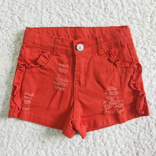 Girls Orange Summer Denim Shorts With Ruffle