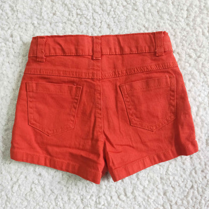 Girls Orange Summer Denim Shorts With Ruffle