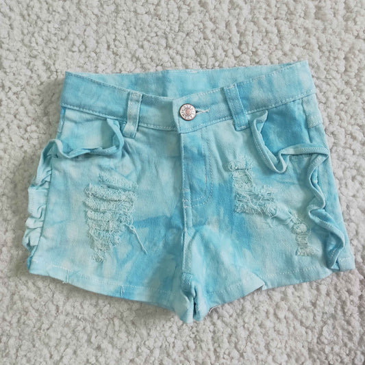 Girls Sky Blue Summer Denim Shorts With Ruffle