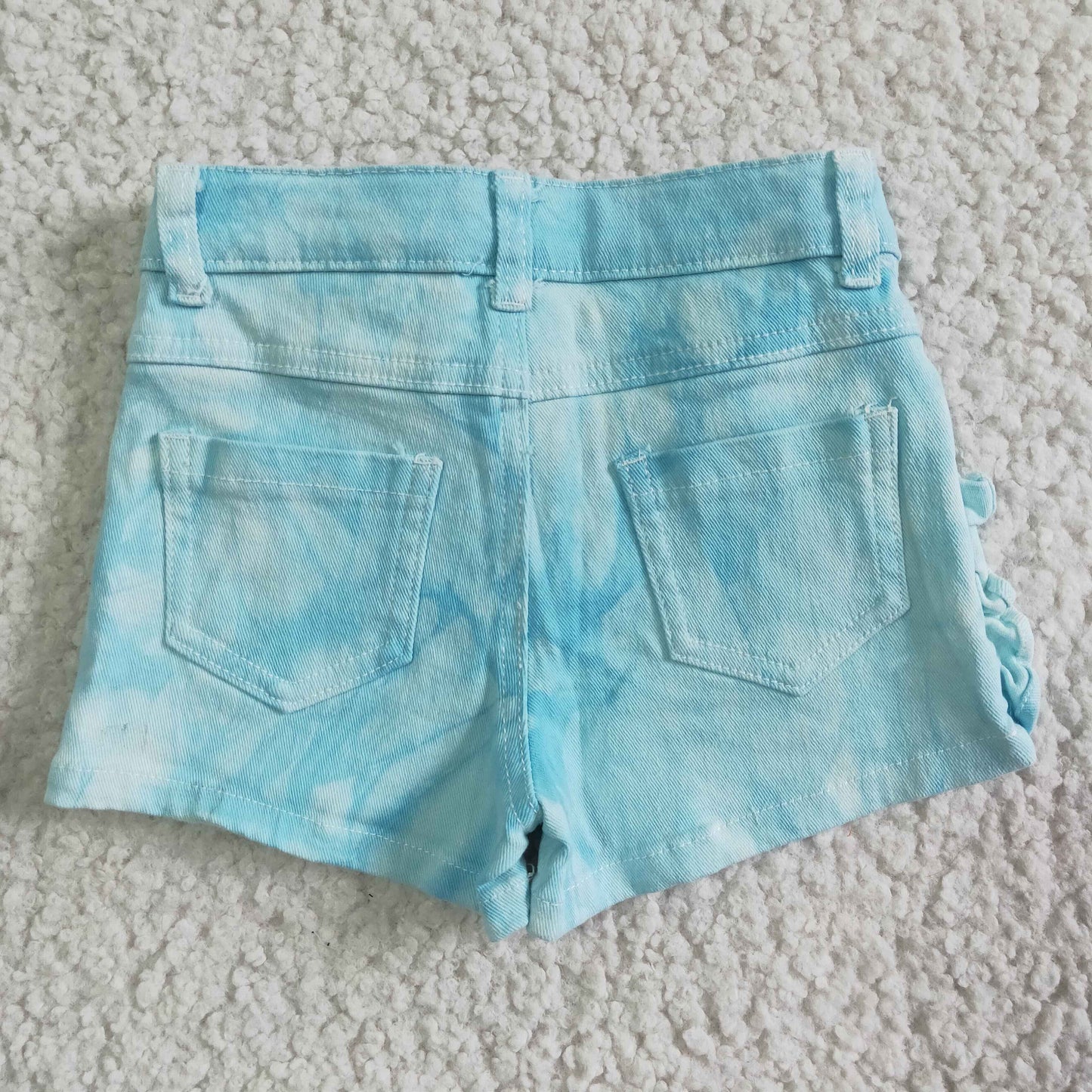 Girls Sky Blue Summer Denim Shorts With Ruffle