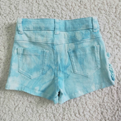 Girls Sky Blue Summer Denim Shorts With Ruffle