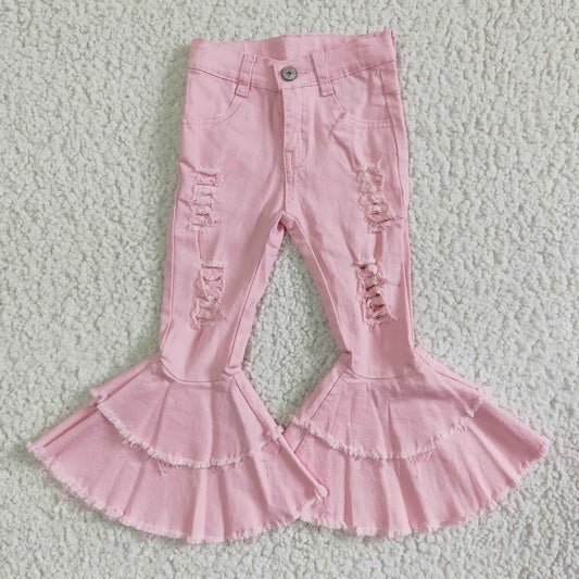 Girls Pink Ruffled Jeans Bell Bottom Pants