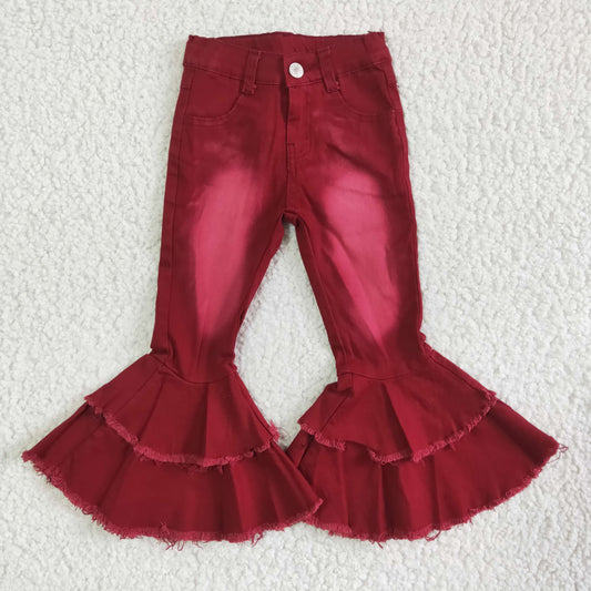 Girls Dark Red Ruffled Jeans Bell Bottom Pants