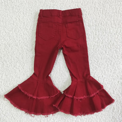 Girls Dark Red Ruffled Jeans Bell Bottom Pants