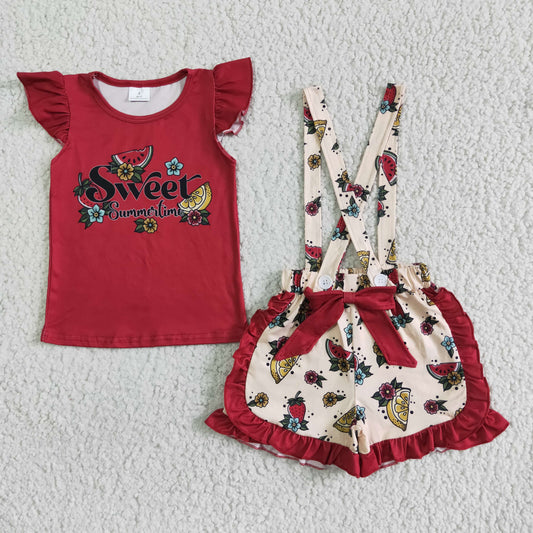 Girls Sweet Outfits Red Top Floral Overall Shorts