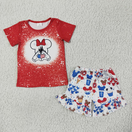 Girls Cartoon Red Outfits Short Sleeves Snacks Shorts