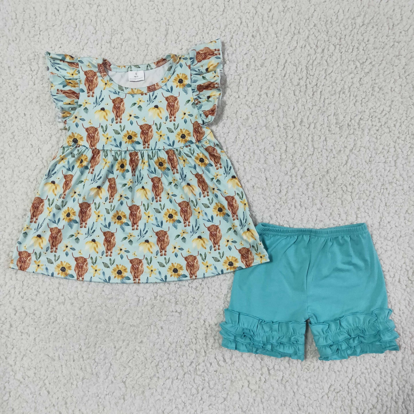 Girls Cow Floral Outfits Short Sleeves Mint Shorts