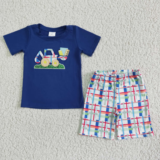 Boys Embroidery Pencil Outfits Short Sleeves Plaid Shorts