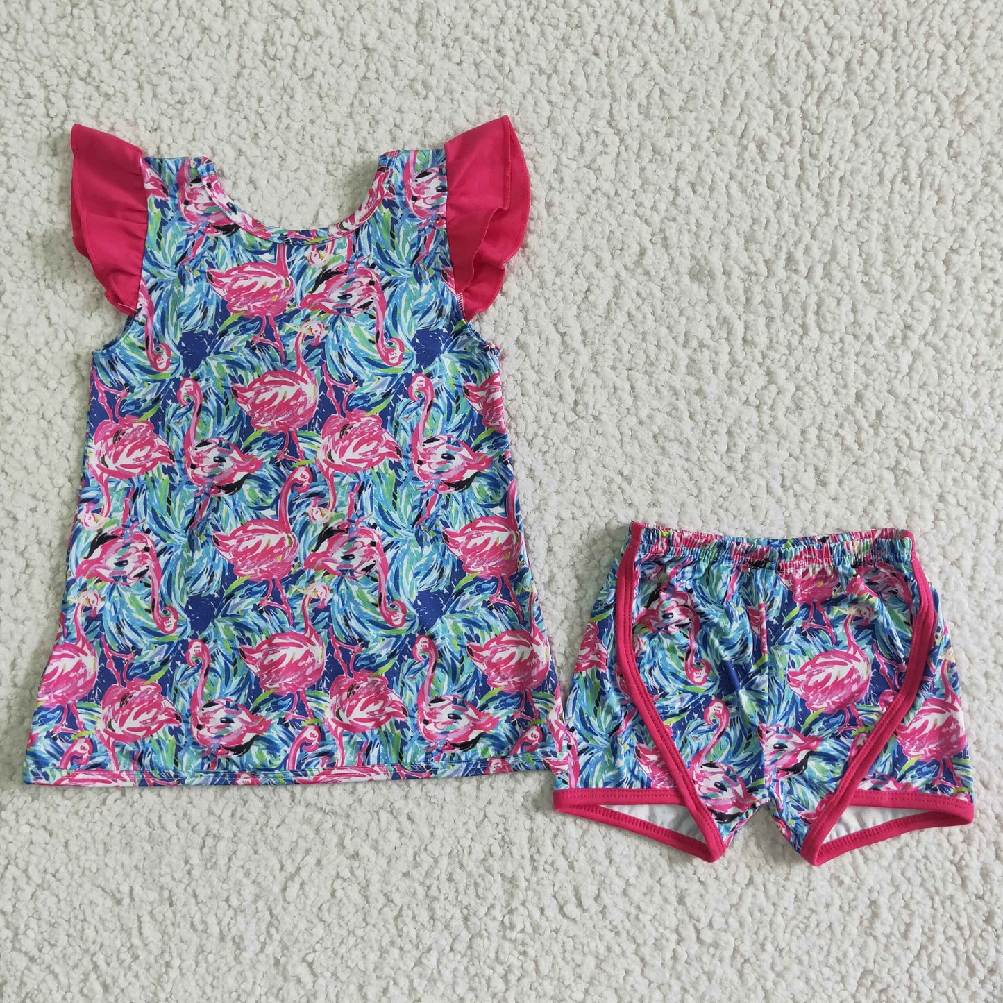 GSSO0100 Girls Flamingo Outfits Short Sleeves Shorts