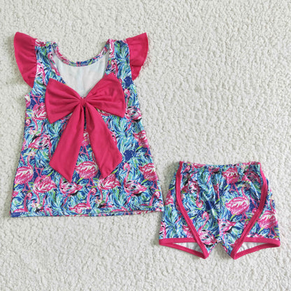 GSSO0100 Girls Flamingo Outfits Short Sleeves Shorts